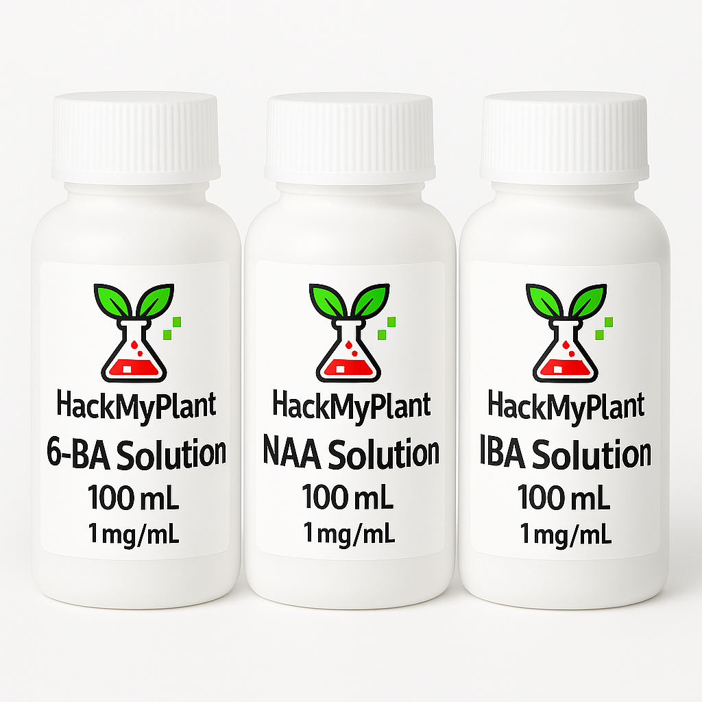 Three white bottles labeled 'HackMyPlant' with different solution names on a white background