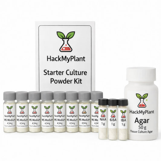 HackMyPlant Starter Culture Powder Kit with various bottles and a box on a white background