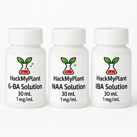 Ready-to-use 1 mg/mL PGR solutions in 30 mL and 100 mL bottles. Just add to MS medium for easy plant tissue culture at home or in small labs.