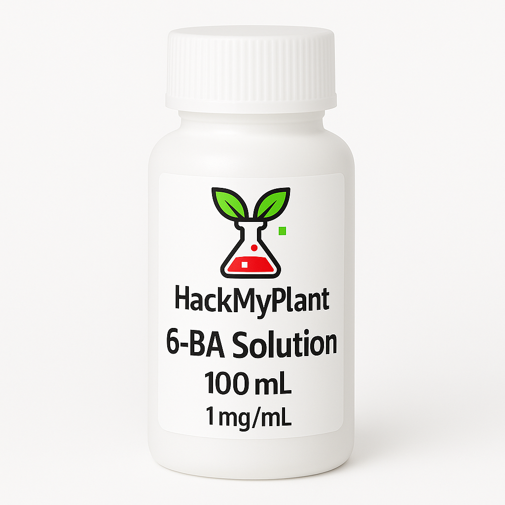 Bottle labeled 'HackMyPlant 6-BA Solution' on a white background