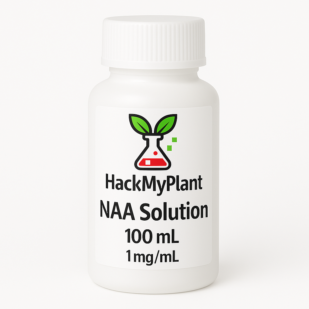 Bottle of HackMyPlant NAA Solution on a white background