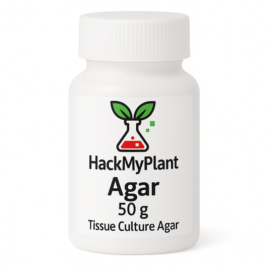 Bottle of HackMyPlant Agar 50 g on a white background