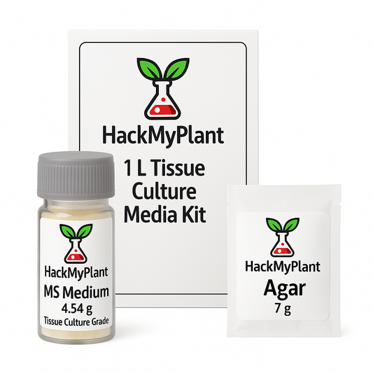 Tissue culture media kit with bottle, box, and agar package labeled 'HackMyPlant'.